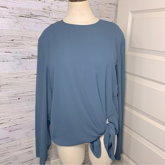 BABATON Aritzia Tadema Blouse Blue Tunic Pullover Long Sleeve Slits Tie Front - Picture 15 of 15